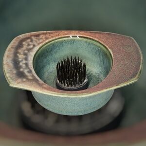 Vintage Ikebana Vase w-Kenzan Flower Frog Ceramic Glazed Moss Green Earthy Glaze